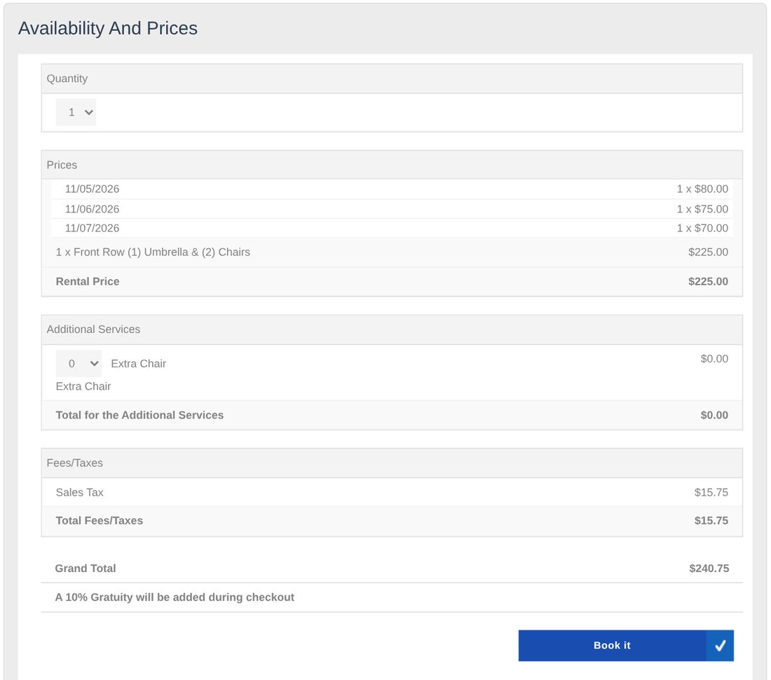 Quantity, extras, prices and the Book it button