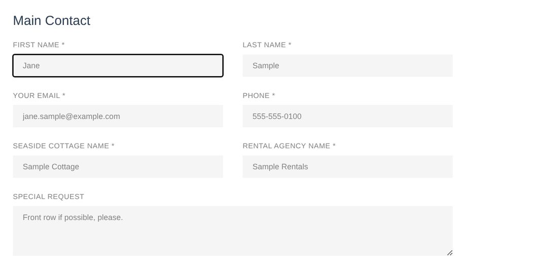 Main contact details filled in with sample information