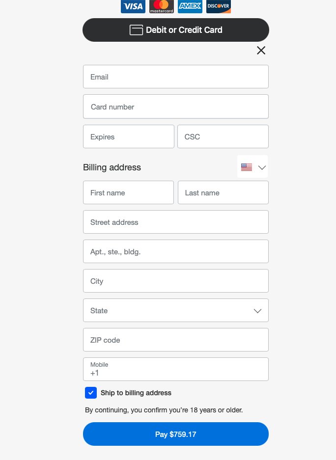 Card form with email, card number, expiration, CSC and billing address